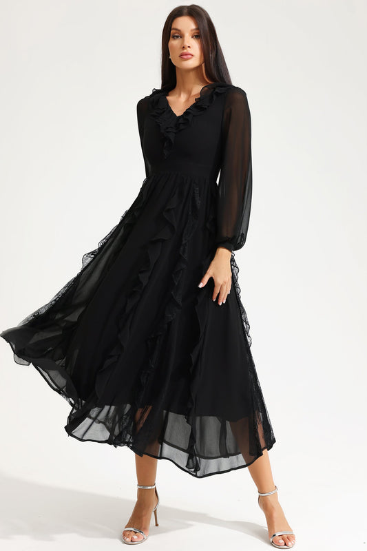 Long Sleeve V-neck Ruffle Midi Dress Black