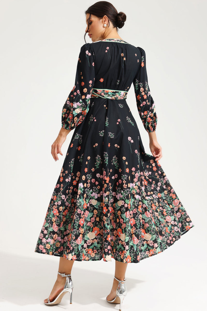 Long Sleeve V-neck Lace Up Midi Dress Black