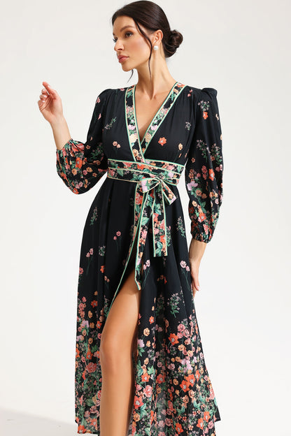 Long Sleeve V-neck Lace Up Midi Dress Black