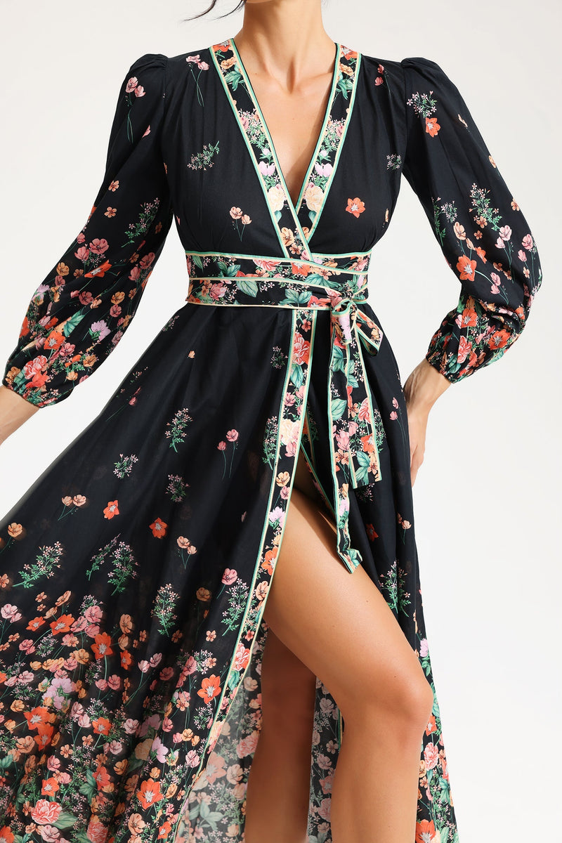 Long Sleeve V-neck Lace Up Midi Dress Black