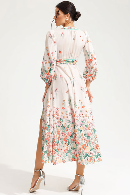Long Sleeve V-neck Lace Up Midi Dress