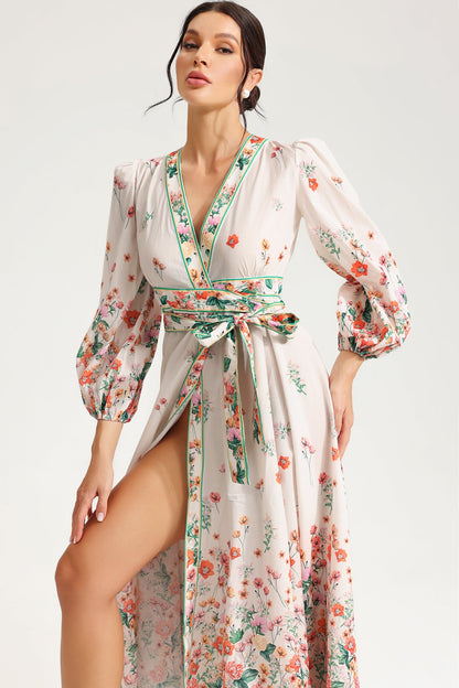 Long Sleeve V-neck Lace Up Midi Dress