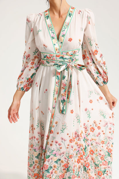 Long Sleeve V-neck Lace Up Midi Dress