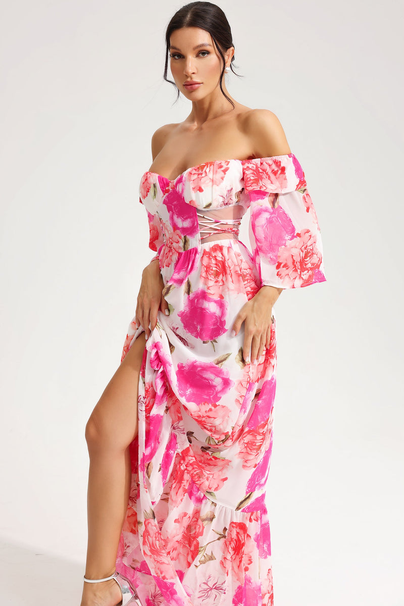 Off-shoulder Cut-out Lace Up Maxi Dress