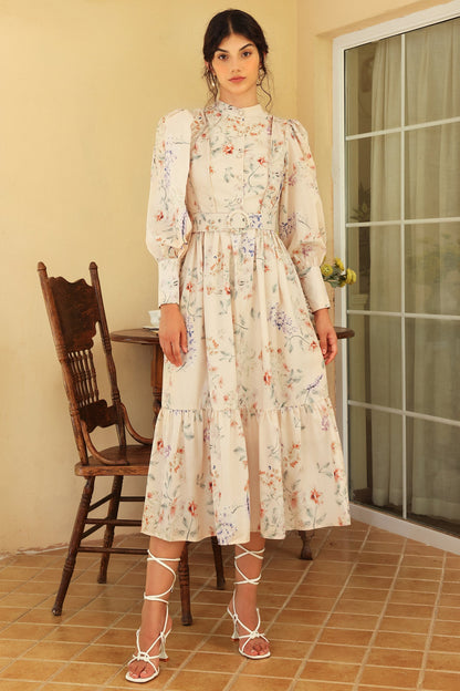 Long Sleeve Crew Collar Belted Midi Dress