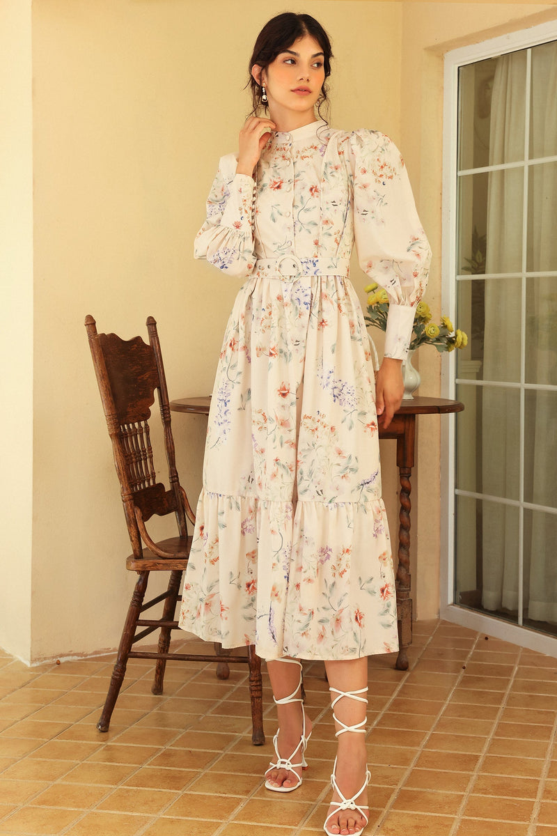 Long Sleeve Crew Collar Belted Midi Dress