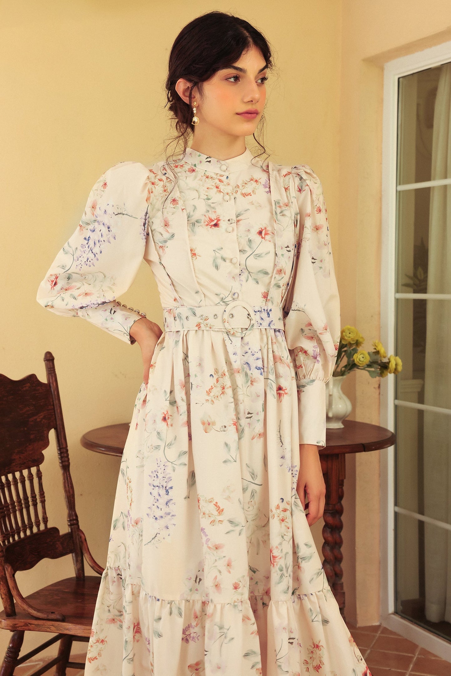 Long Sleeve Crew Collar Belted Midi Dress