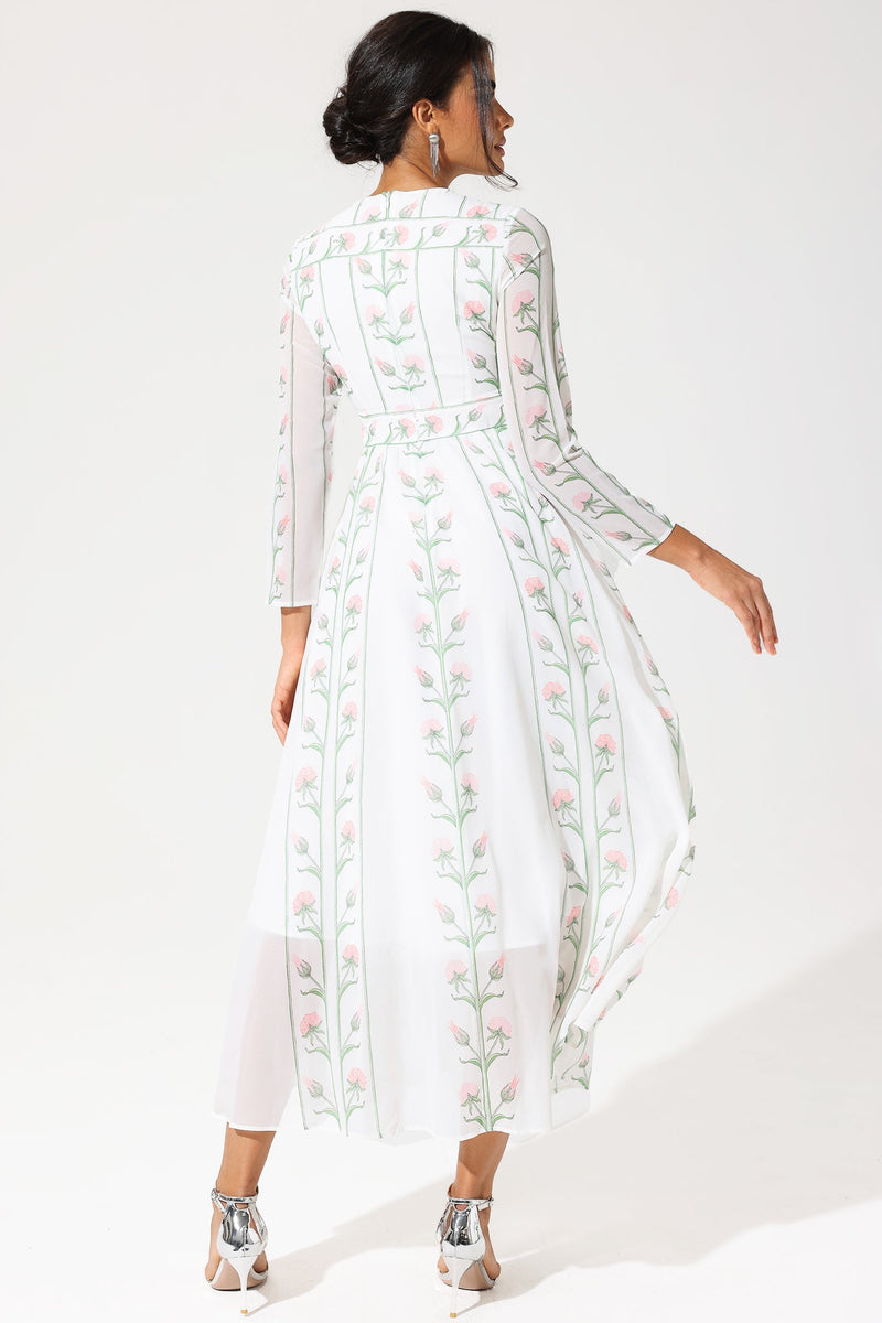 Long Sleeve Crew Collar Georgette Midi Dress