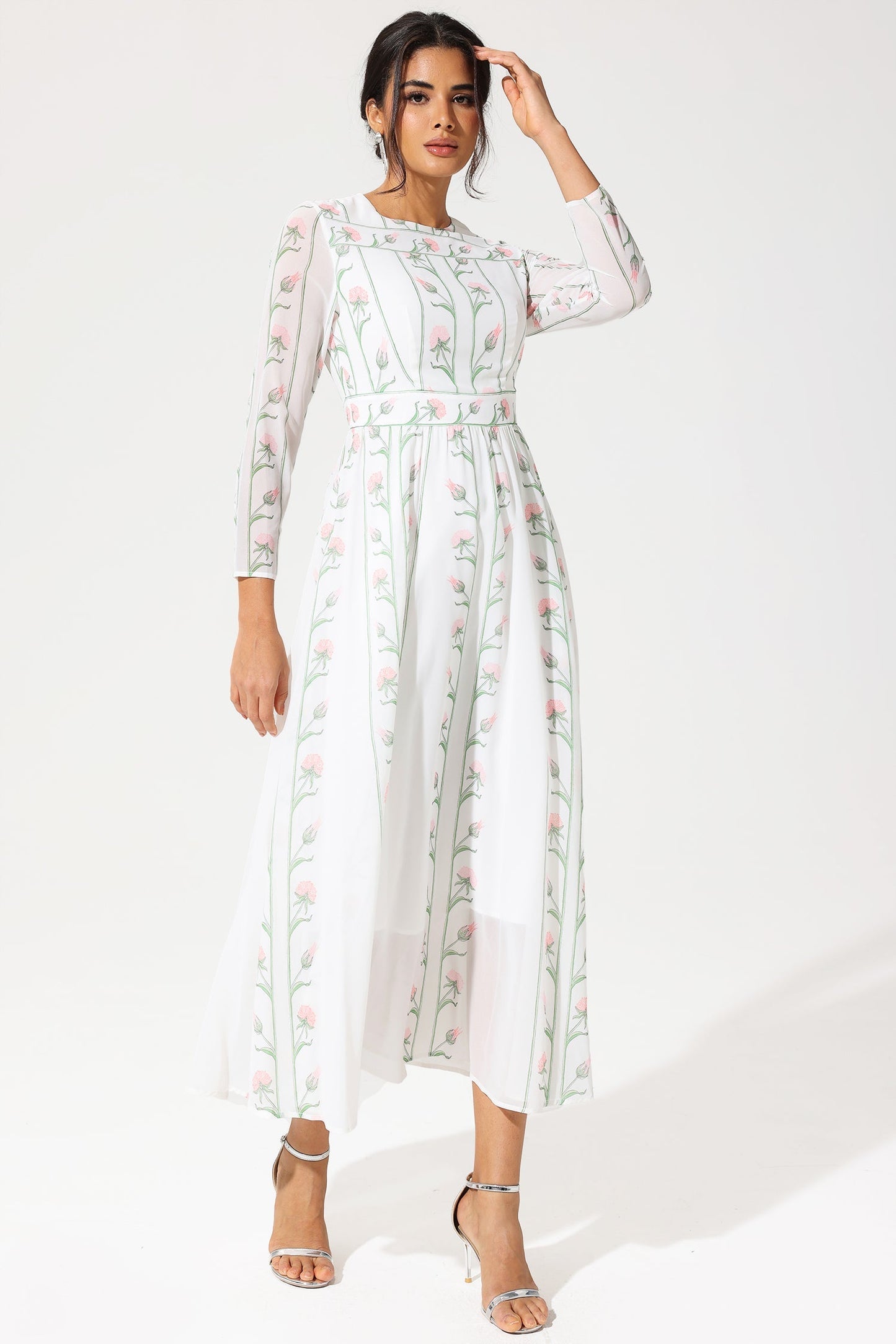 Long Sleeve Crew Collar Georgette Midi Dress