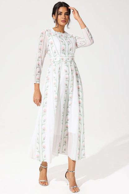 Long Sleeve Crew Collar Georgette Midi Dress