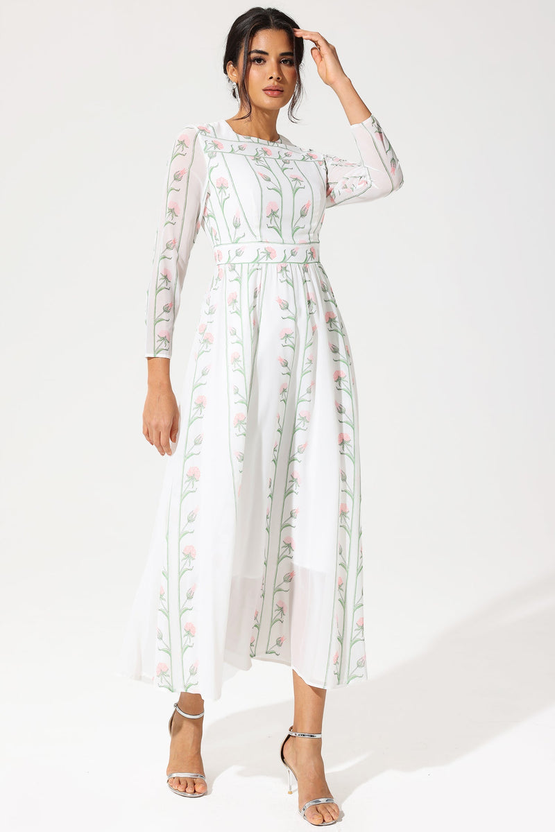 Long Sleeve Crew Collar Georgette Midi Dress