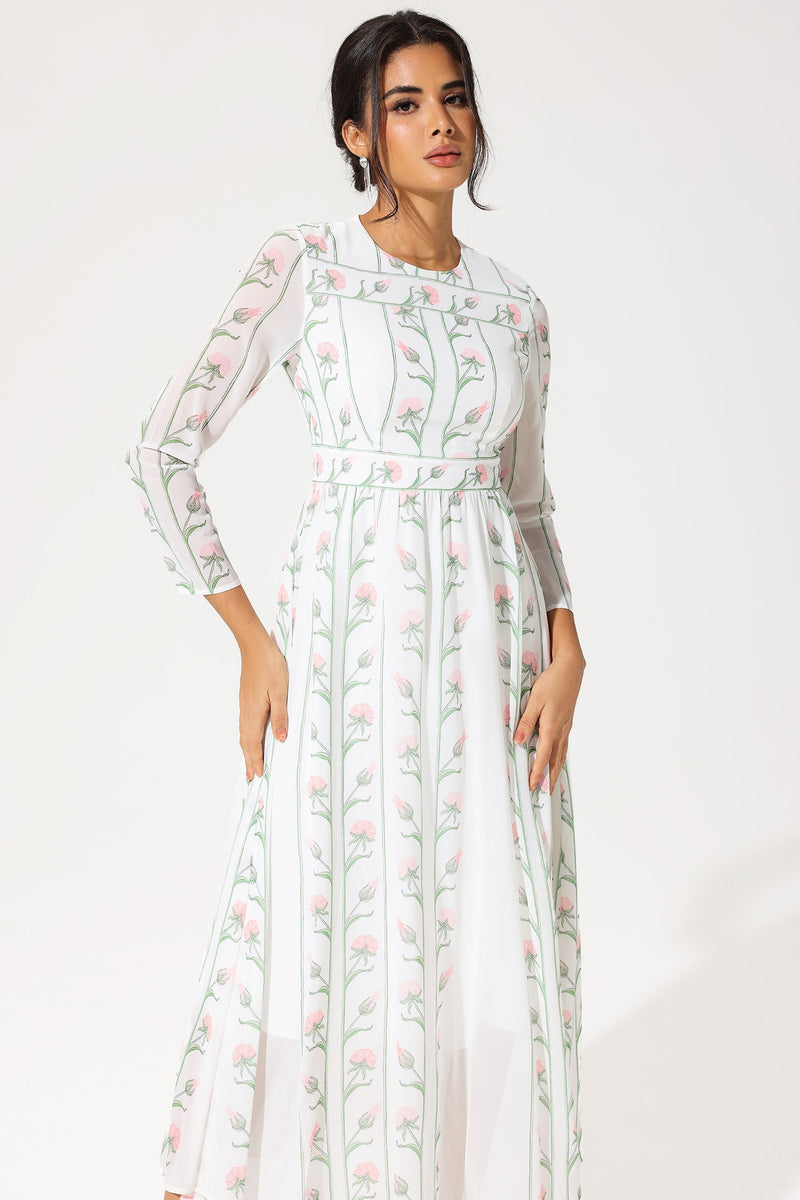 Long Sleeve Crew Collar Georgette Midi Dress