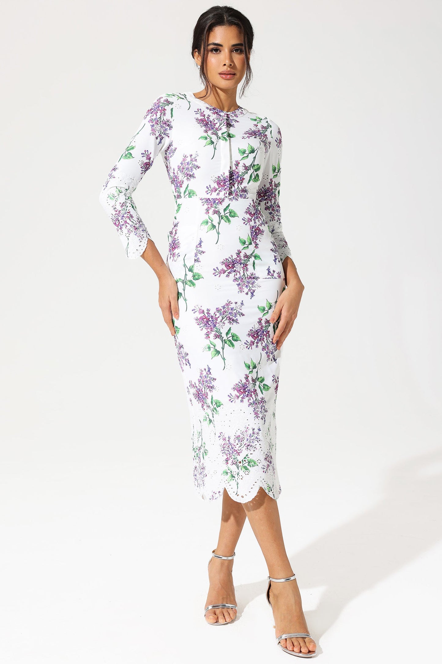 Long Sleeve Crew Collar Broderie Anglaise Maxi Dress