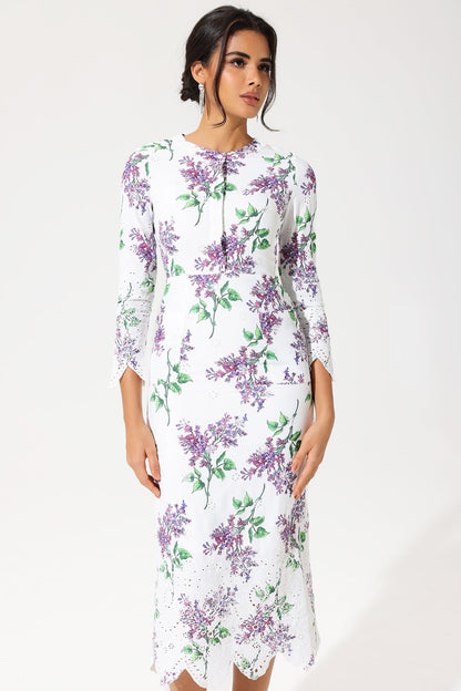 Long Sleeve Crew Collar Broderie Anglaise Maxi Dress