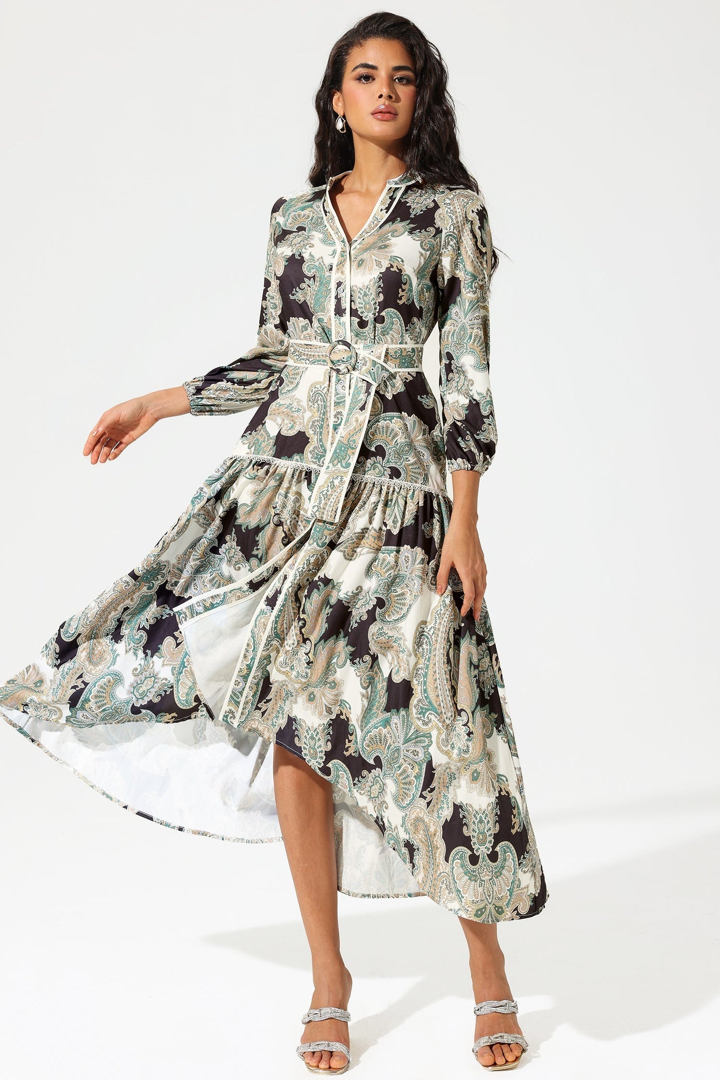 Paisley Print Lantern Sleeve V-neck Belted Midi Dress