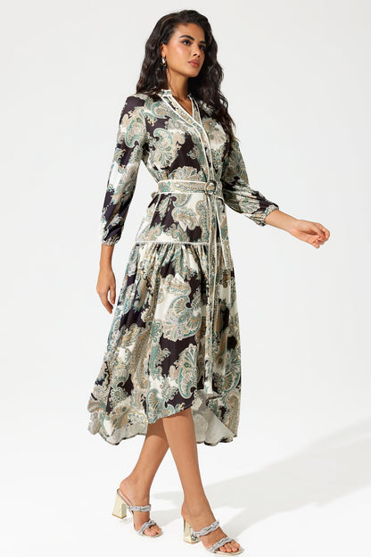 Paisley Print Lantern Sleeve V-neck Belted Midi Dress