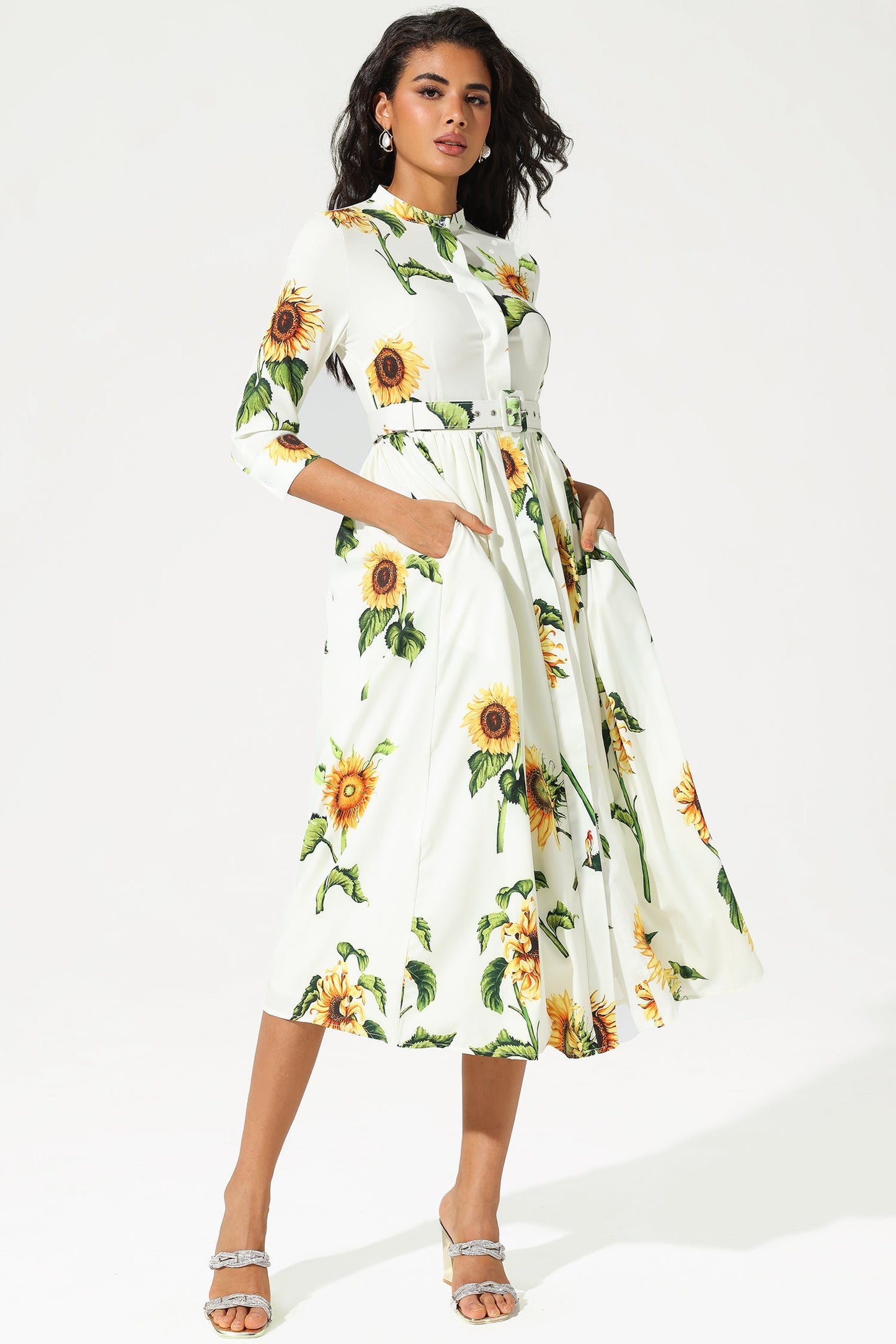 Mid Sleeve Stand Collar Belted Midi Dress