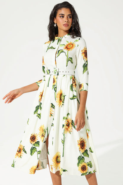Mid Sleeve Stand Collar Belted Midi Dress