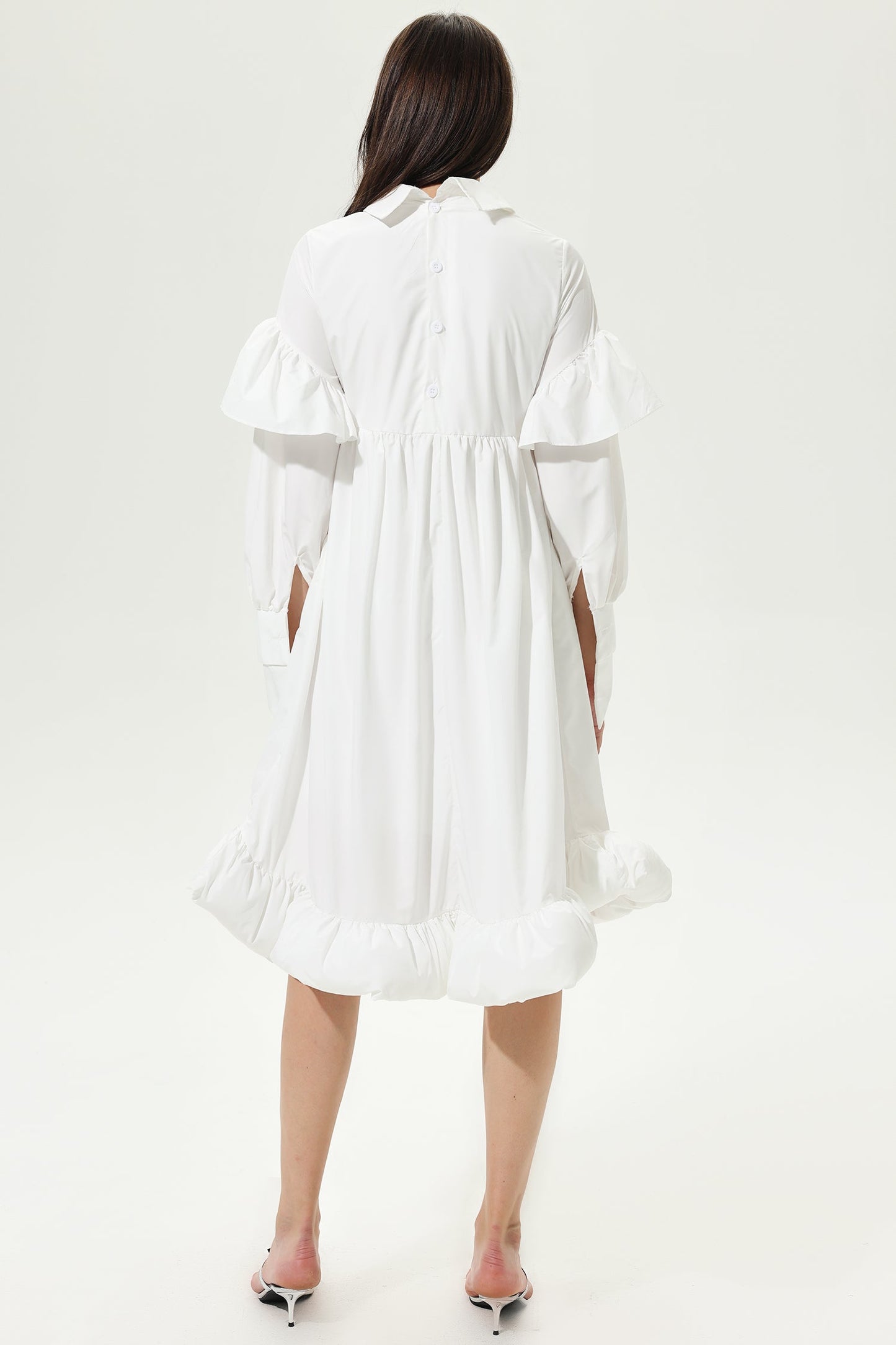 Lantern Sleeve Ruffled Lapel Irregular Midi Dress