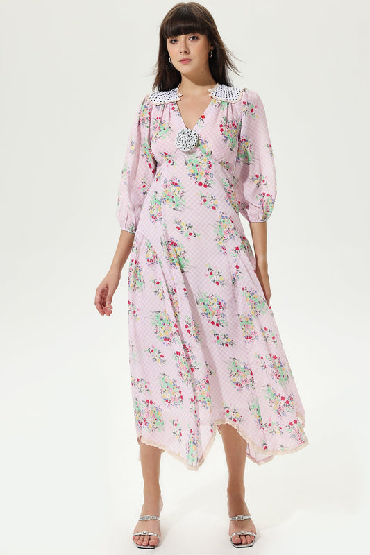 Lantern Sleeve V-neck Belted Latticemidi Dress