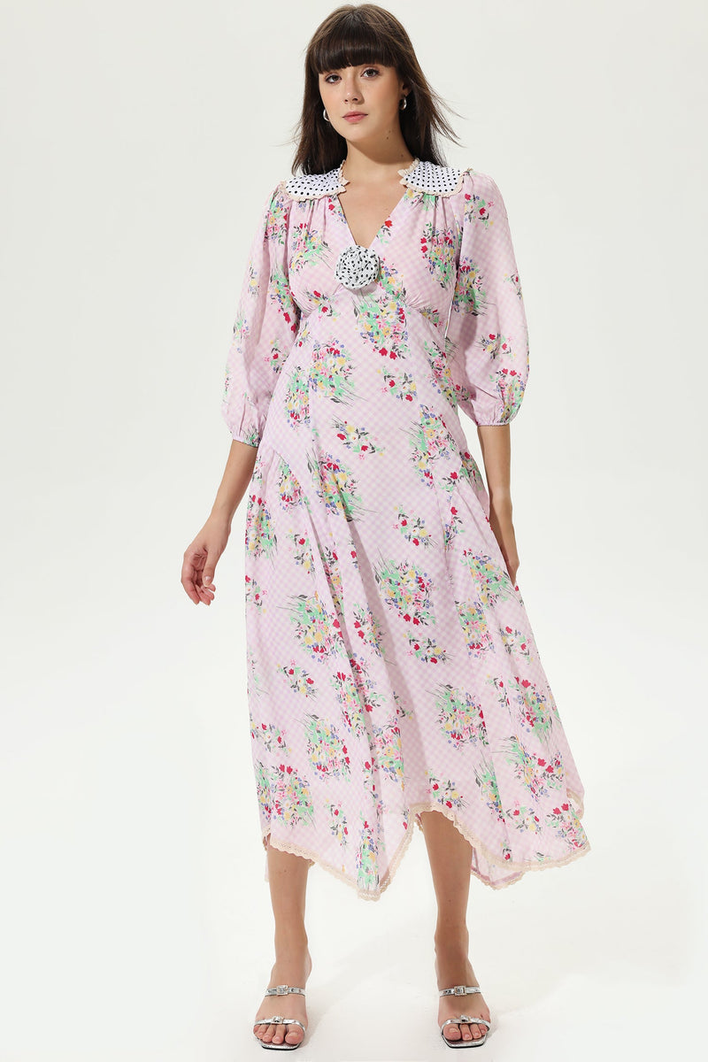 Lantern Sleeve V-neck Belted Latticemidi Dress