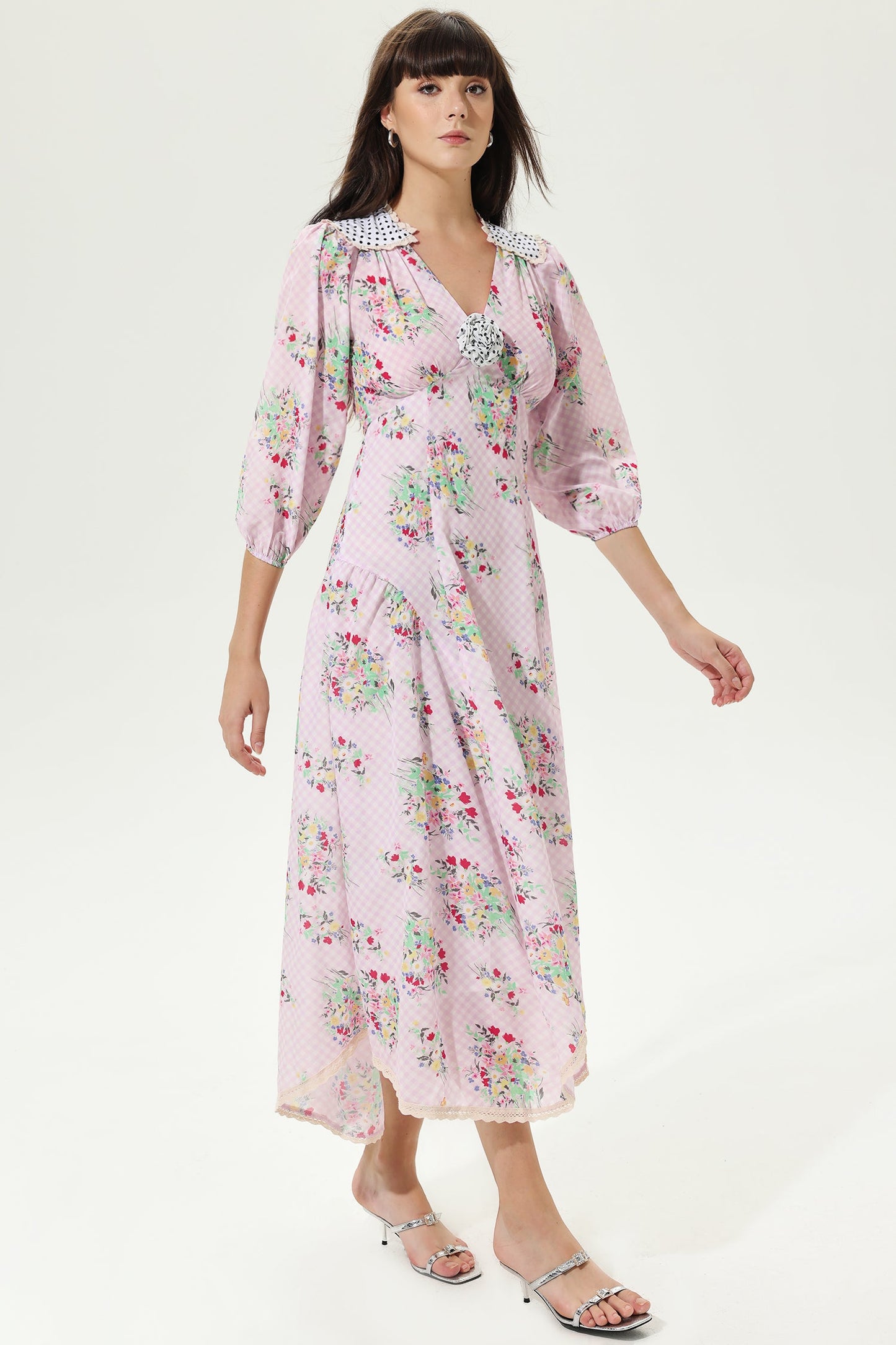 Lantern Sleeve V-neck Belted Latticemidi Dress