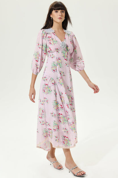 Lantern Sleeve V-neck Belted Latticemidi Dress