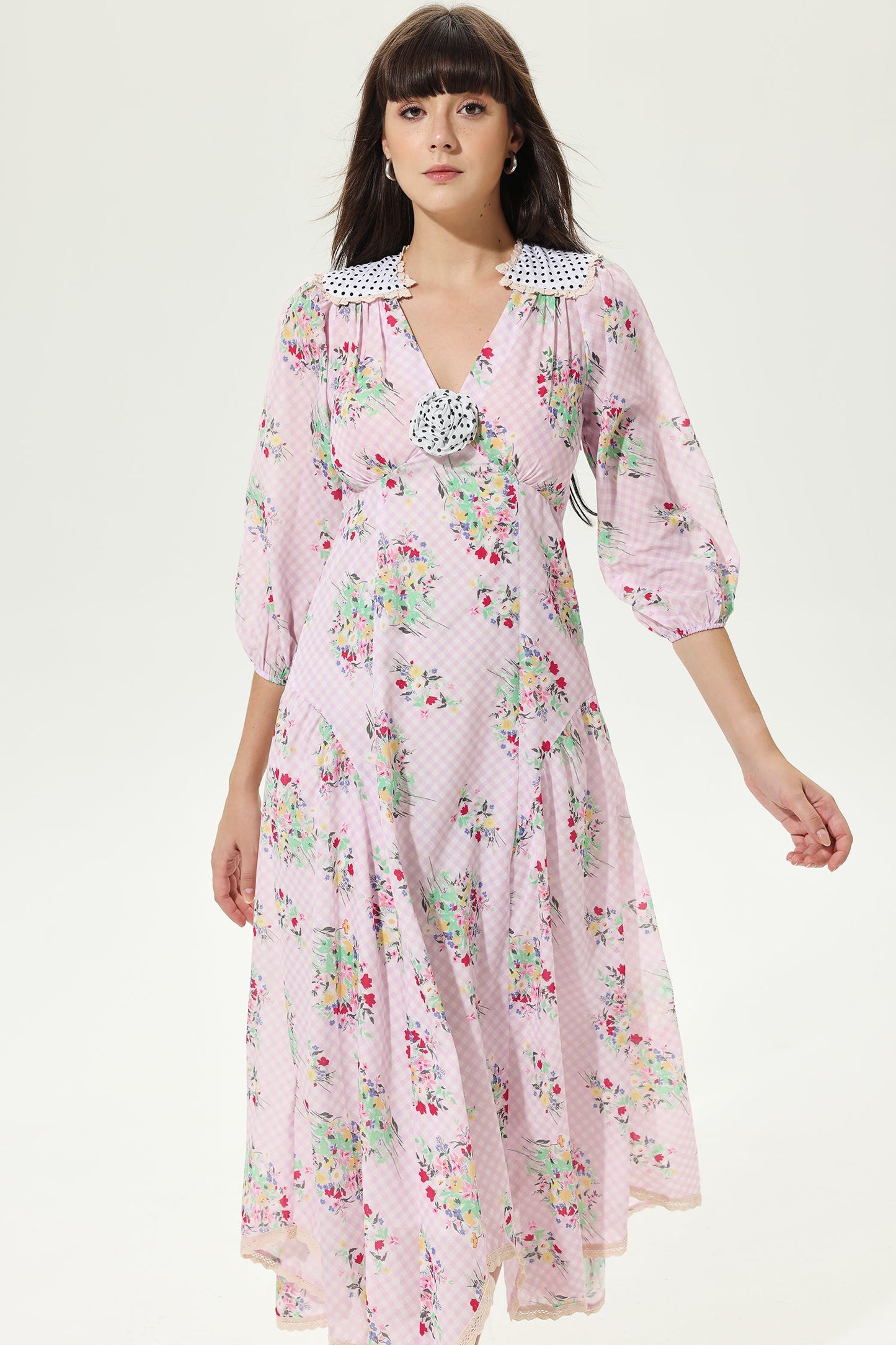 Lantern Sleeve V-neck Belted Latticemidi Dress