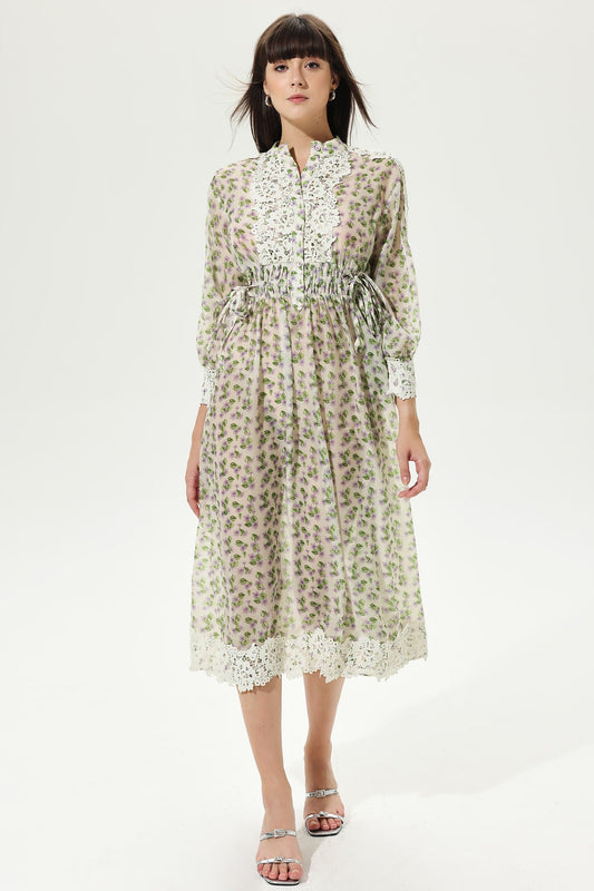 Lantern Sleeve Crew Collar Midi Dress