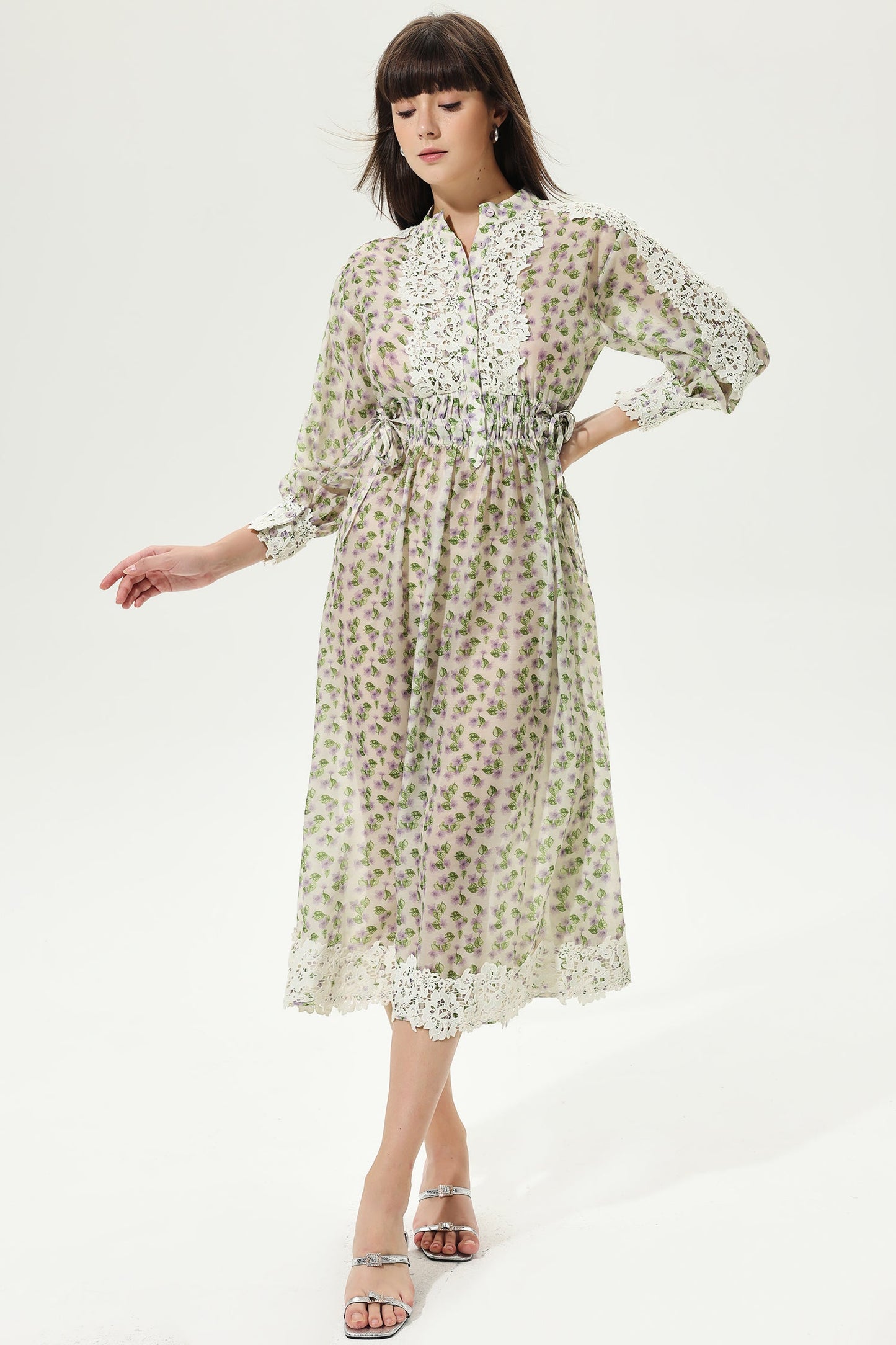Lantern Sleeve Crew Collar Midi Dress
