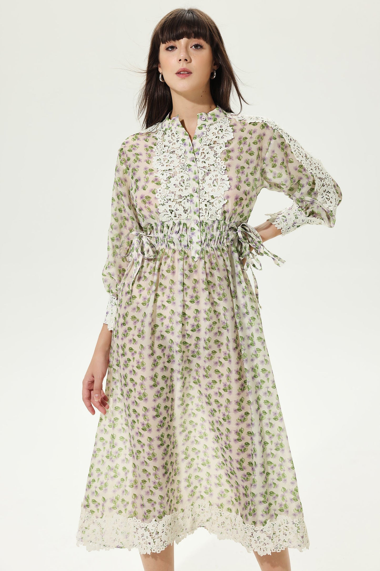 Lantern Sleeve Crew Collar Midi Dress