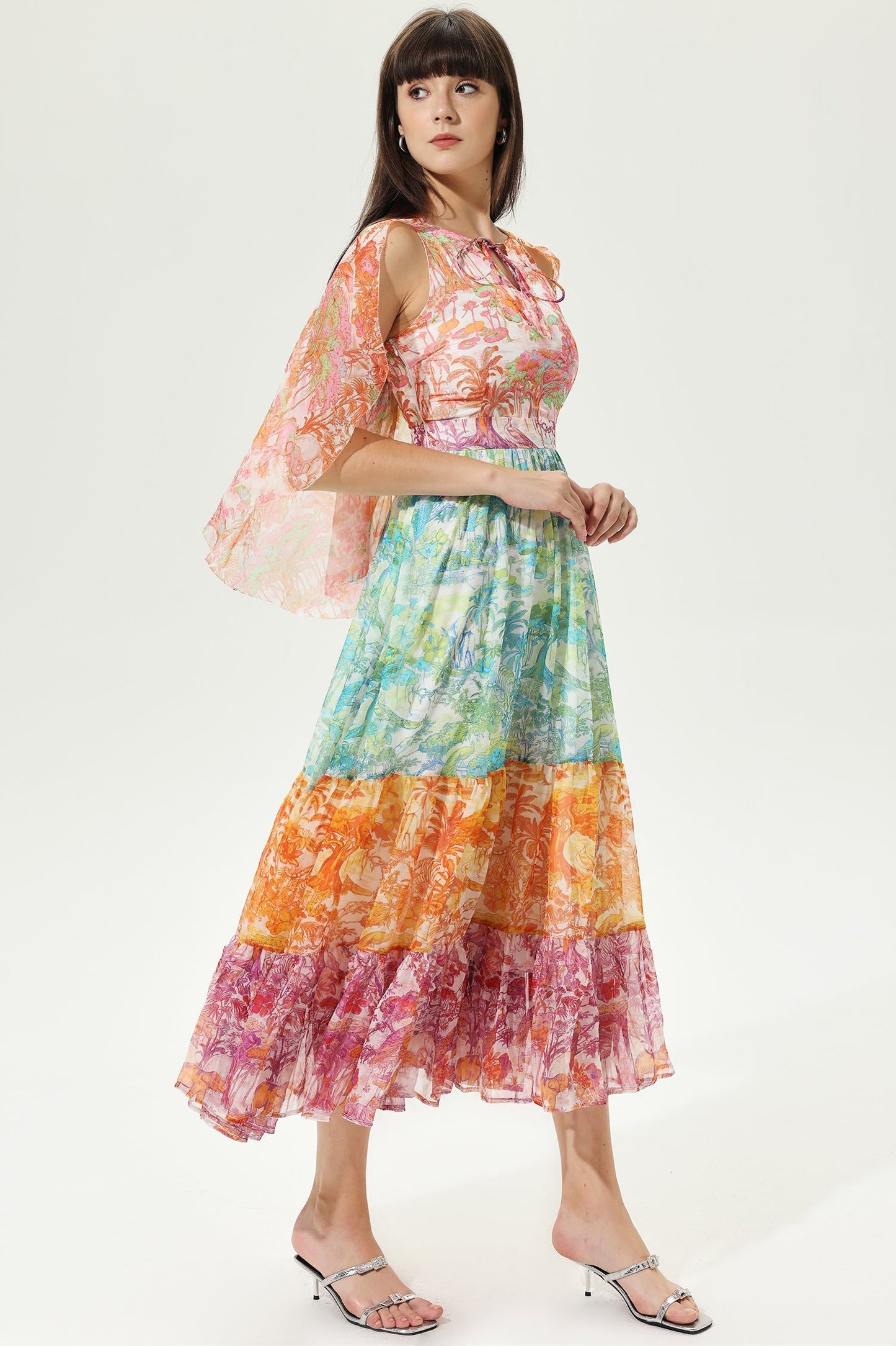 Paisley Asymmetric Sleeve Crew Collar Midi Dress