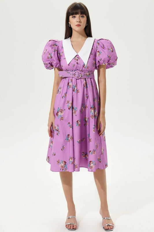 Puff Sleeve Doll Collar Belted Midi Dress