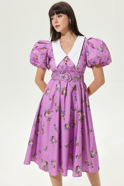 Puff Sleeve Doll Collar Belted Midi Dress