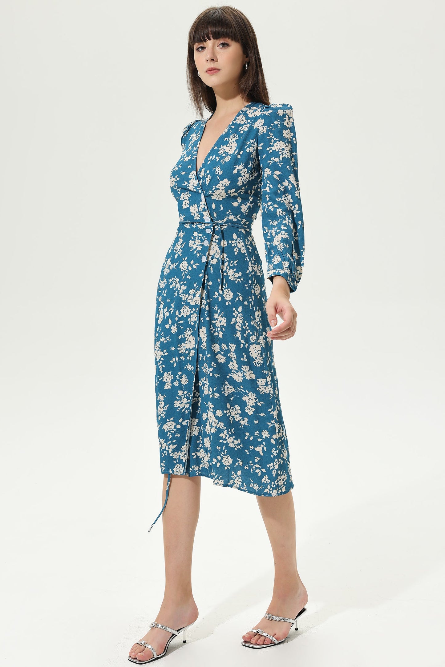 Long Sleeve V-neck Split Midi Dress