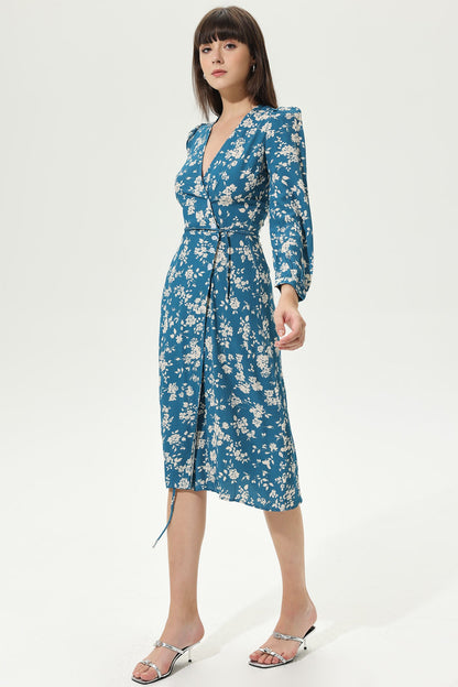 Long Sleeve V-neck Split Midi Dress