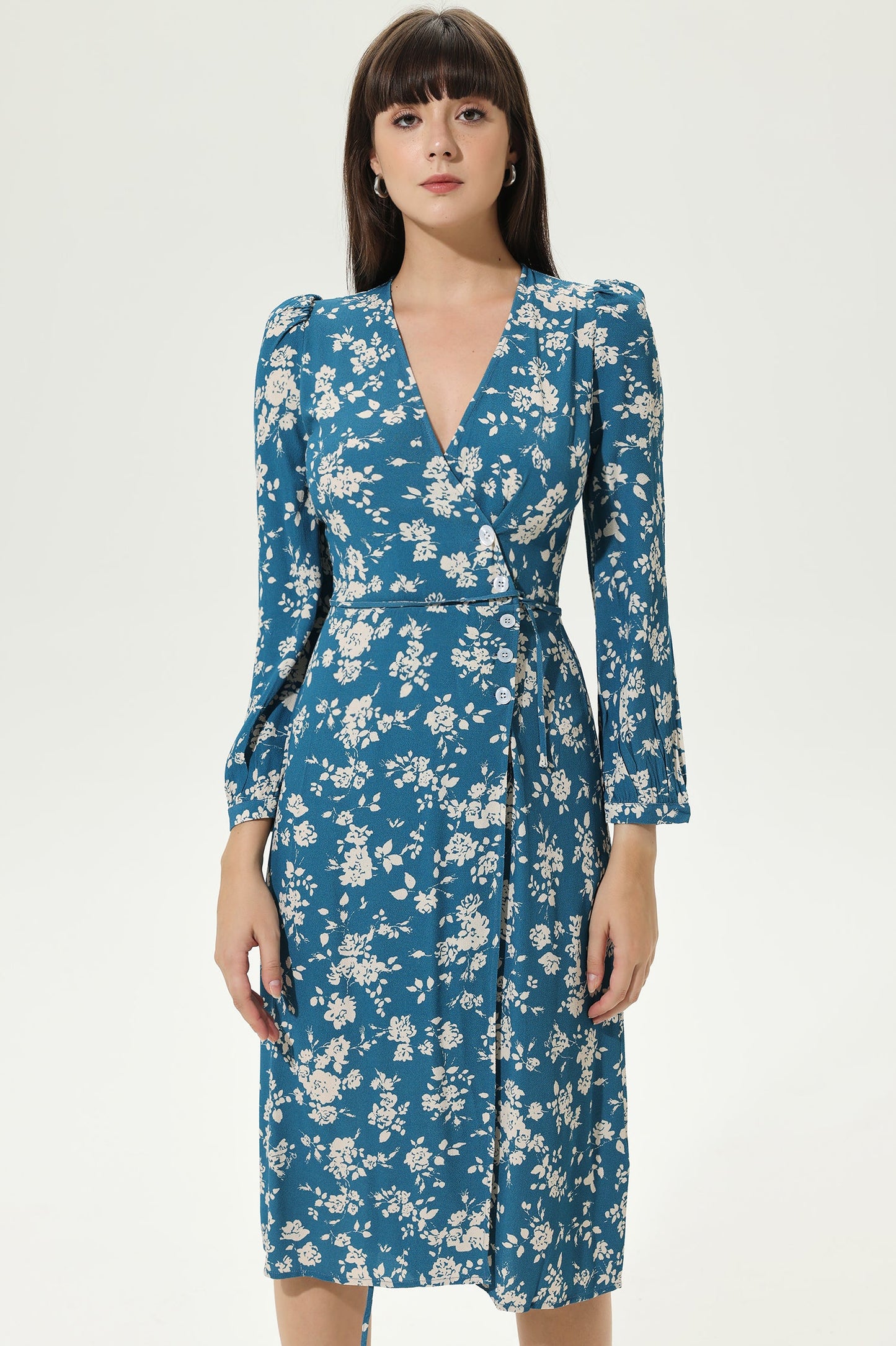 Long Sleeve V-neck Split Midi Dress