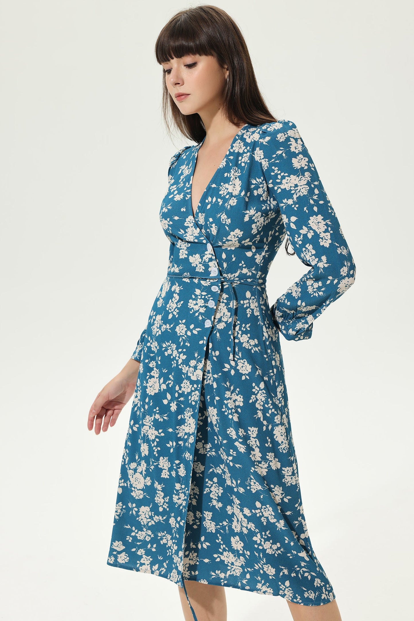 Long Sleeve V-neck Split Midi Dress