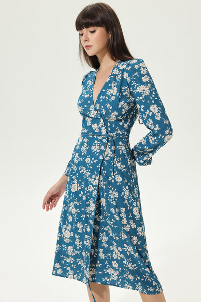 Long Sleeve V-neck Split Midi Dress