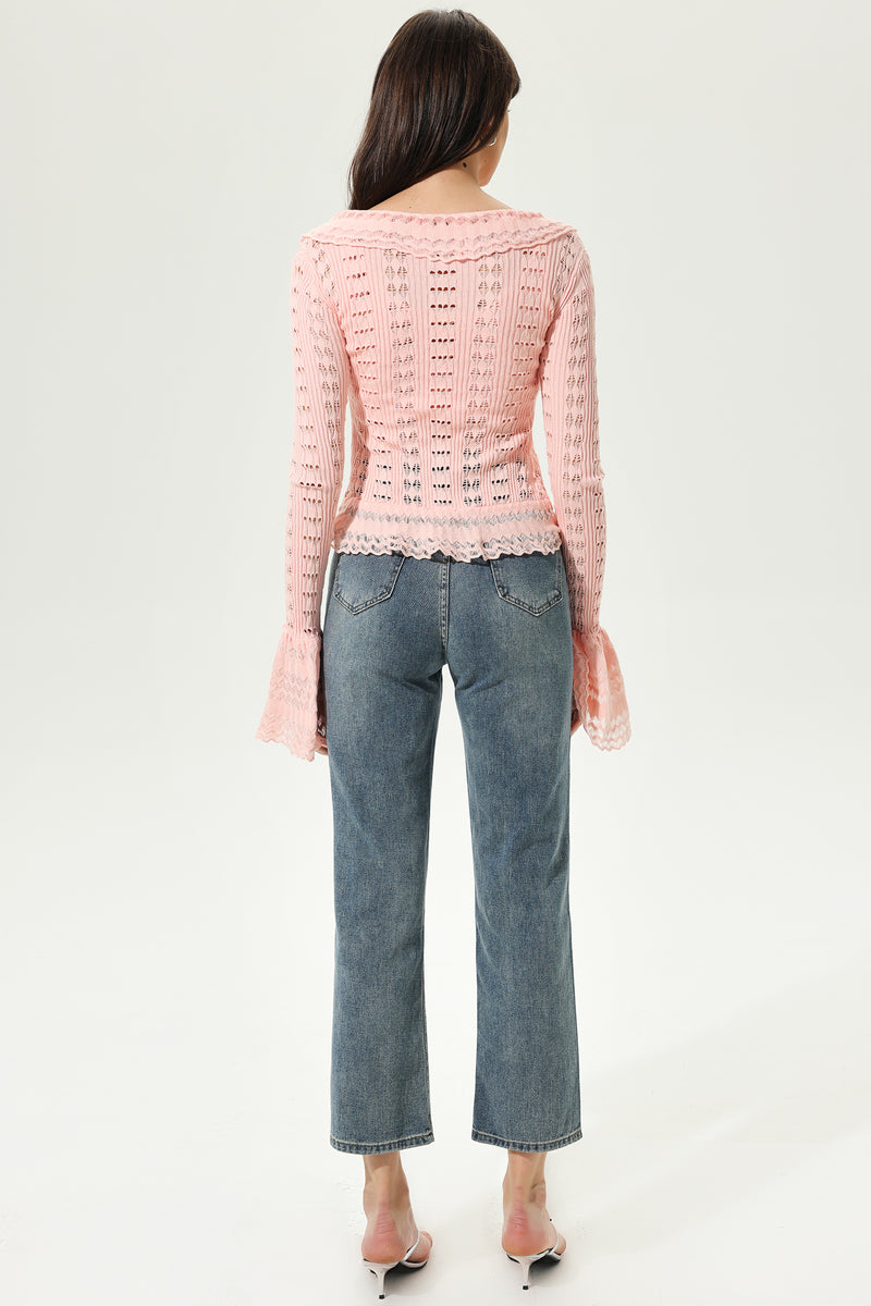 Knit Flared Sleeve V-neck Frill Hem Cardigan