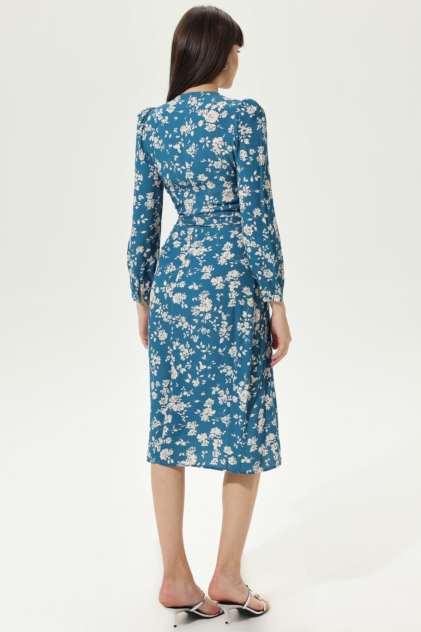 Long Sleeve V-neck Split Midi Dress
