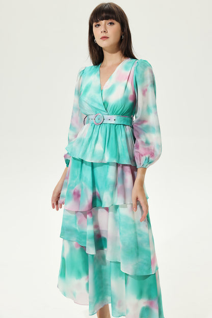Tie-dye Lantern Sleeve V-neck Layered Hem Midi Dress