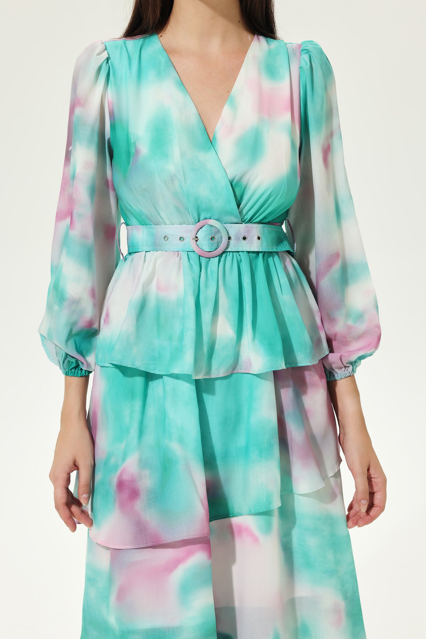 Tie-dye Lantern Sleeve V-neck Layered Hem Midi Dress