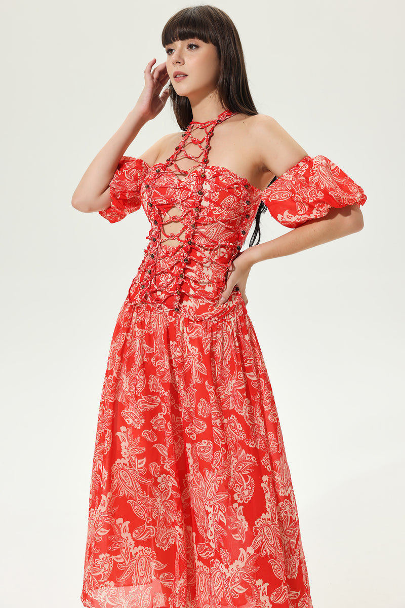 Cut-out Halter Neck Tapered Waist Maxi Dress