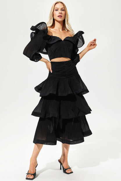 Lantern Sleeve V-neck Ruffle Hem Midi Dress Two-piece Set Black