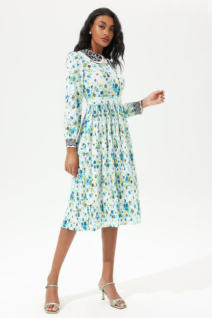 Lantern Sleeve Doll Collar Lace Midi Dress