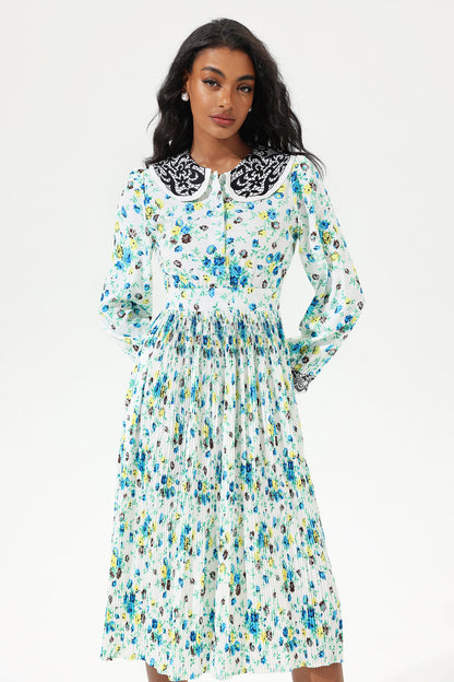 Lantern Sleeve Doll Collar Lace Midi Dress