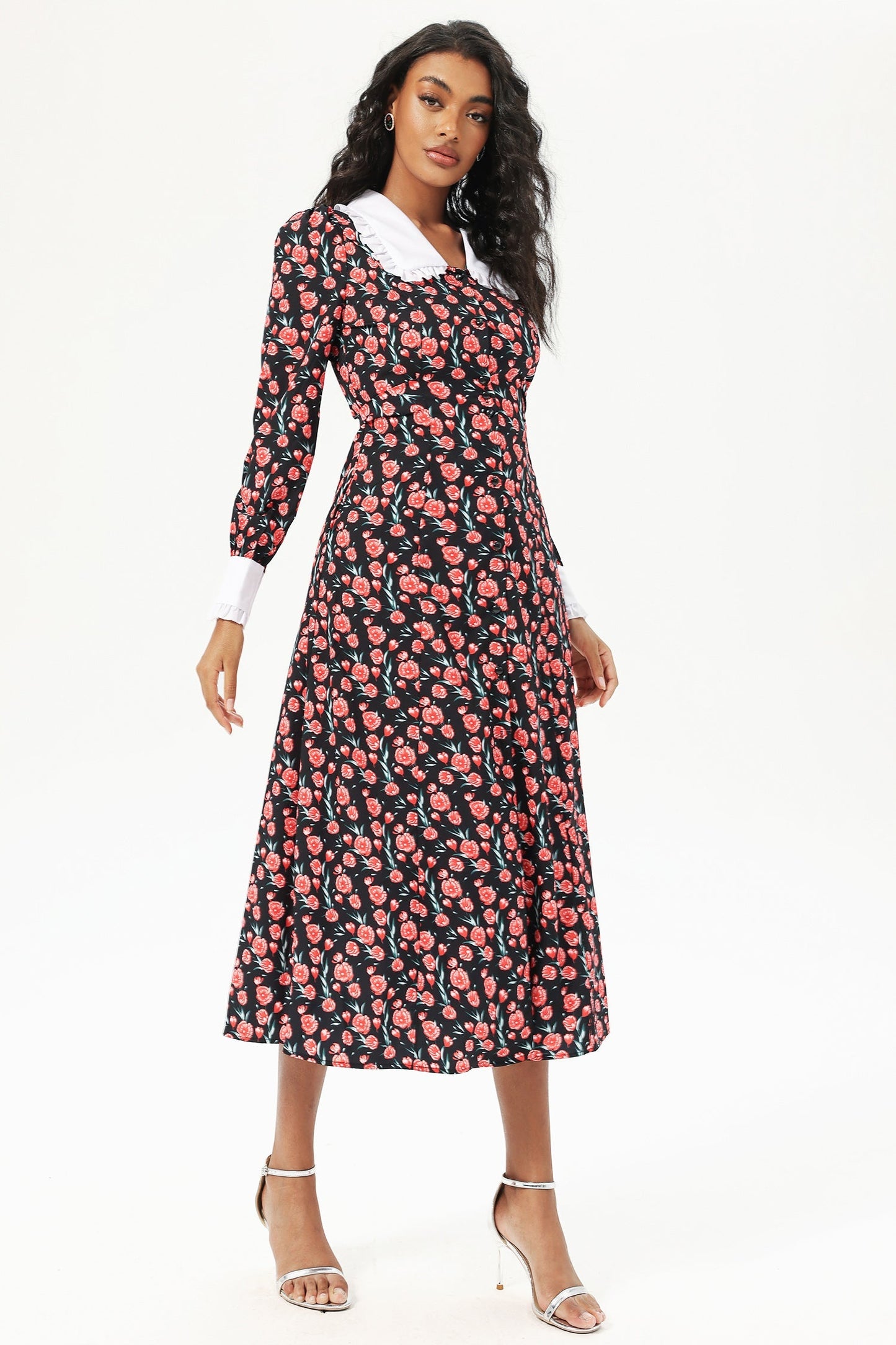 Long Sleeve Doll Collar Buttoned Midi Dress Black