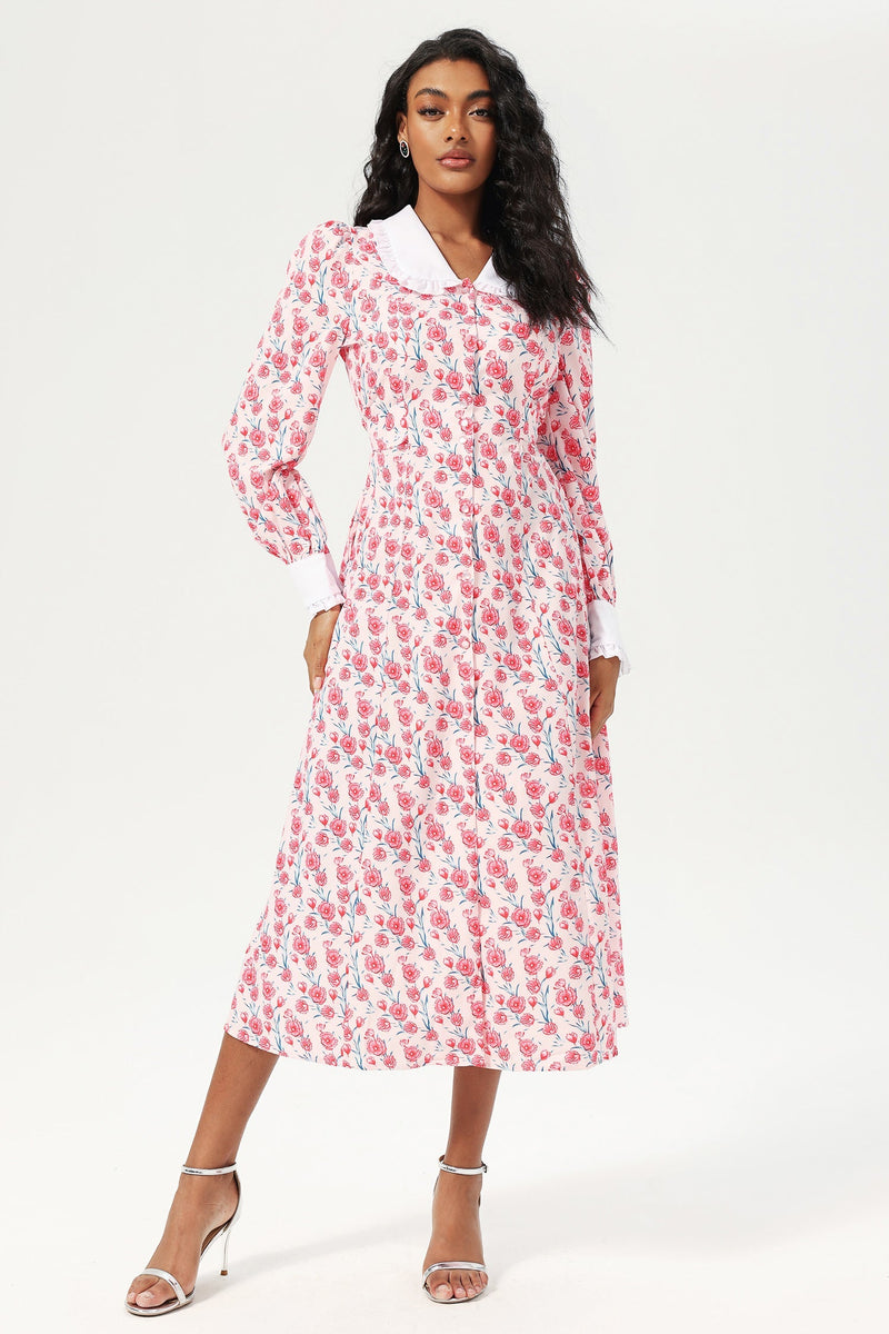 Long Sleeve Doll Collar Buttoned Midi Dress Pink