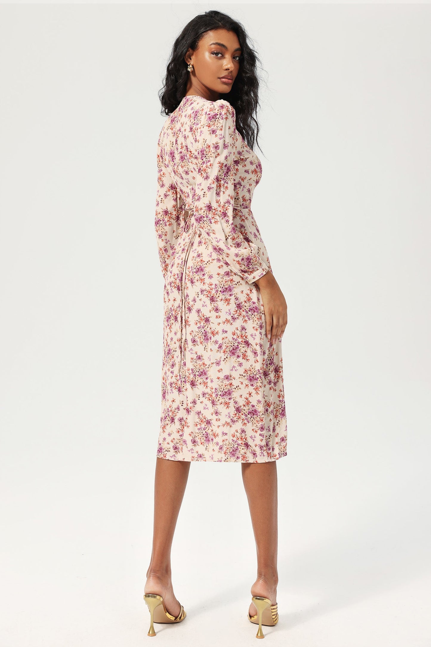 Long Sleeve V-neck Lace Up Split Midi Dress Purple
